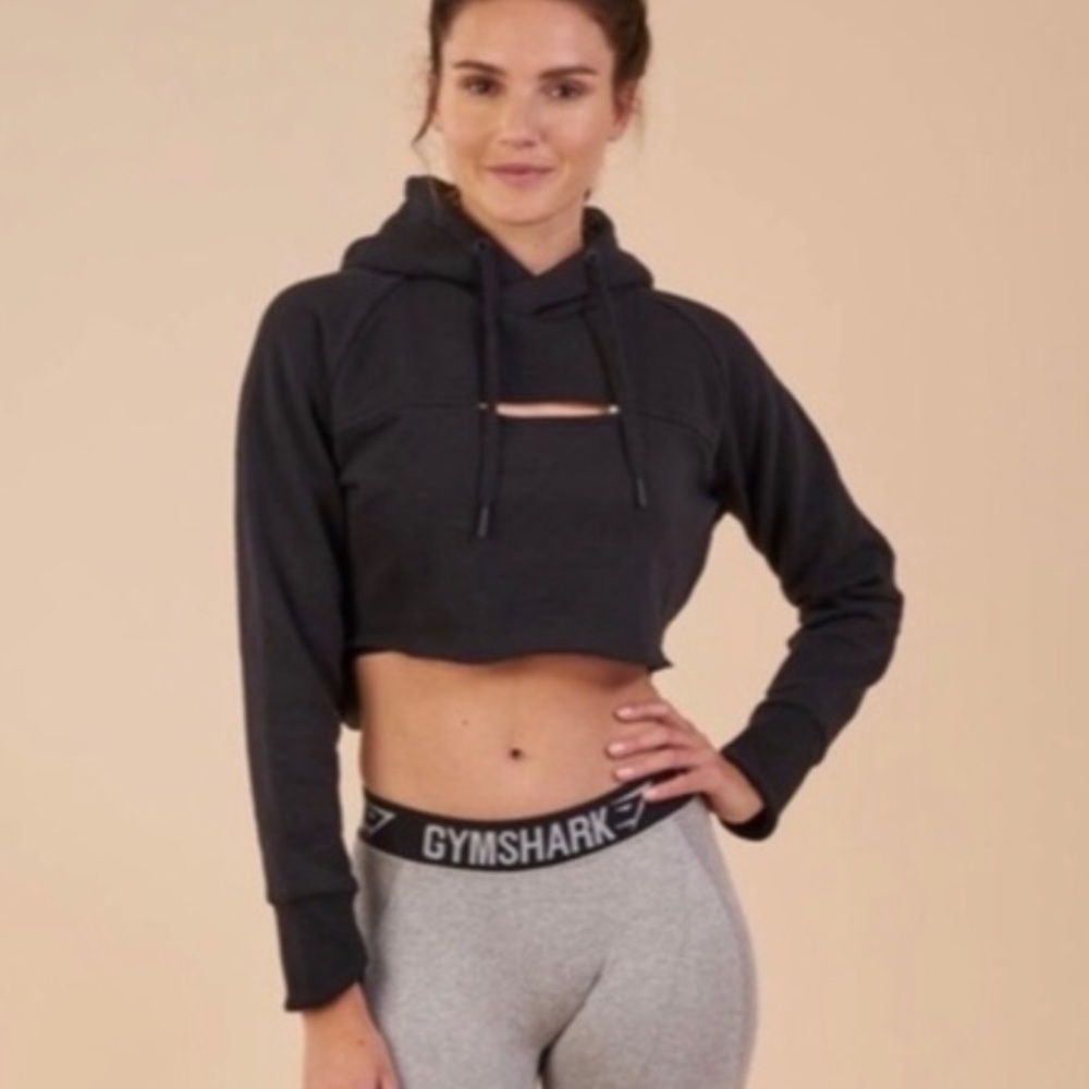 Gymshark Raw Edge Keyhole Cutout Cropped Hoodie - Size Small - Black